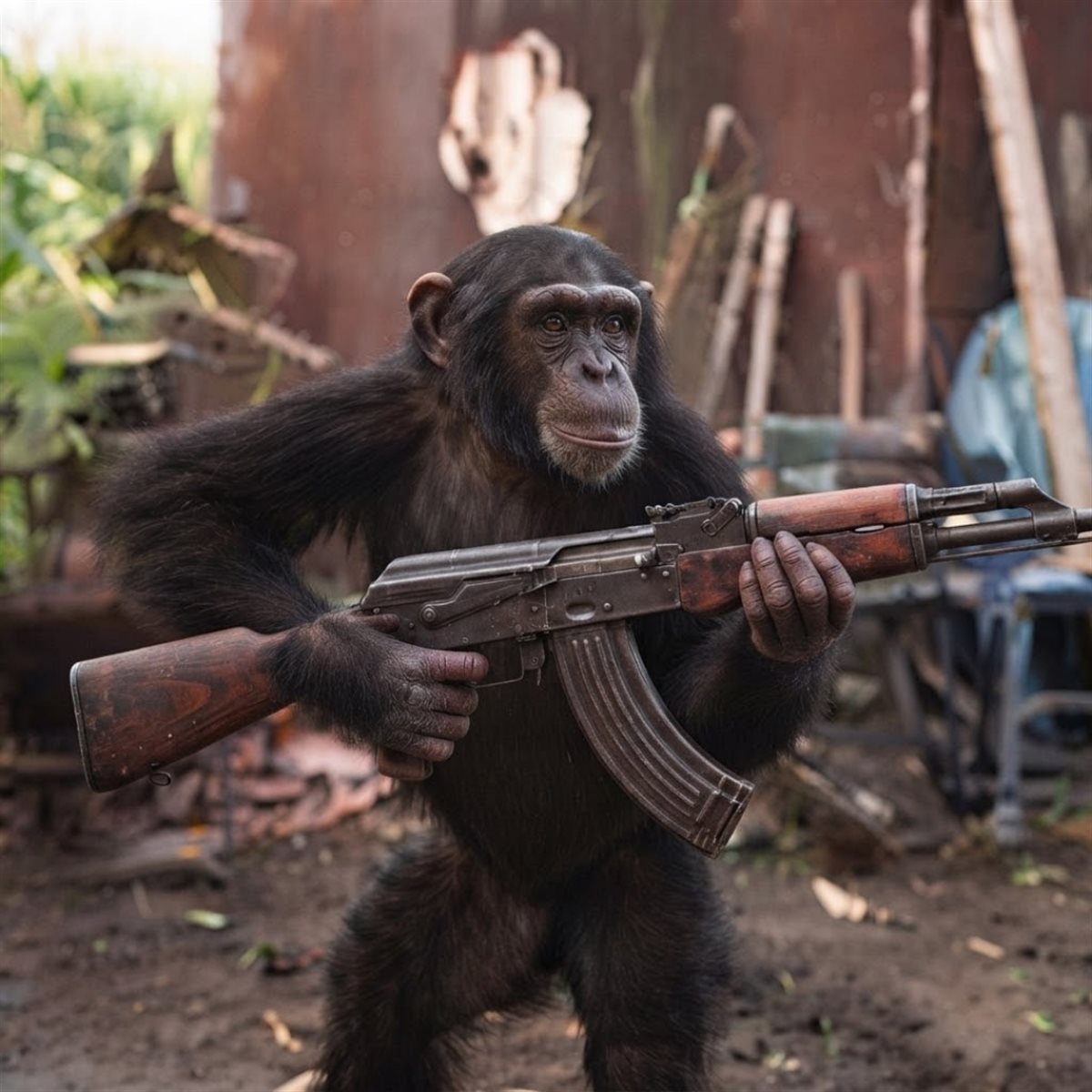 Ape With Gun — a chimpanzee standing guard with a rifle in a jungle camp